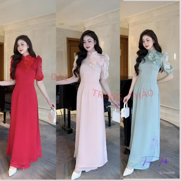 Áo Dài Nữ Truyền Thống Lụa Tây Thi Tay Bồng Phối Tơ Đính Hoa Nổi Thời Trang Cao Cấp Hàng May Sẵn