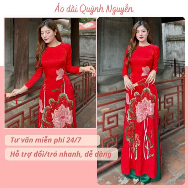 Áo dài thiết kế, áo dài gấm thái tuấn thêu thủ công áo dài đỏ mặc xui Áo dài Quỳnh Nguyễn MÃ TK101