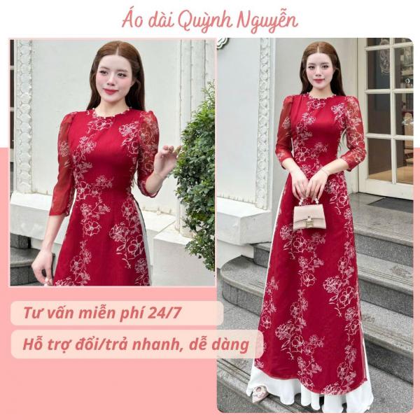 Áo dài thiết kế, áo dài tơ vân đính ngọc cổ áo dài đỏ đô tay bồng Áo dài Quỳnh Nguyễn MÃ TK189