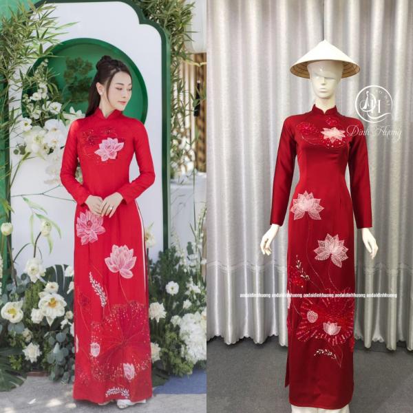 Áo dài thời trang Đinh Hương lụa nữ hoàng đính kết họa tiết sen lá đỏ