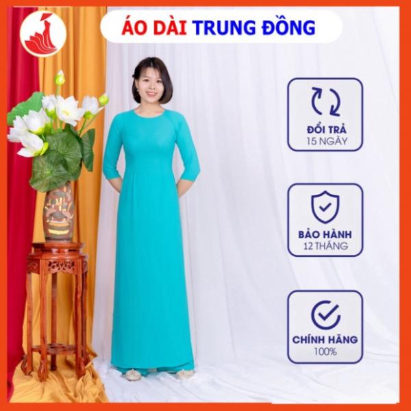 Áo dài trơn chất liệu tằm ý cổ thuyền màu xanh đẹp lung linh | Áo dài Trung Đồng