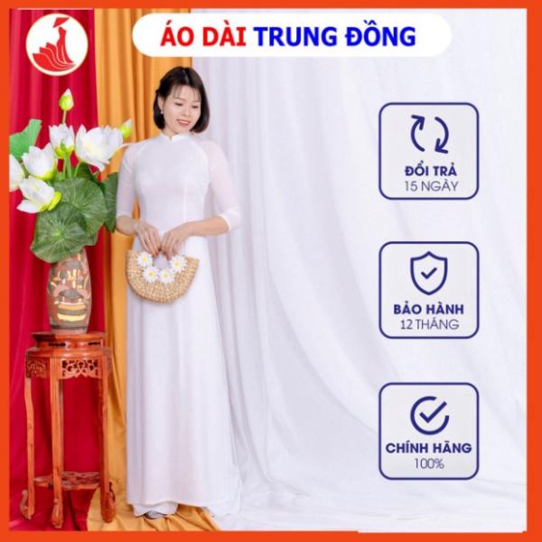 Áo dài trơn cổ cao tay lỡ 4 tà chất liệu vài chiffon màu trắng sứ | Áo dài Trung Đồng