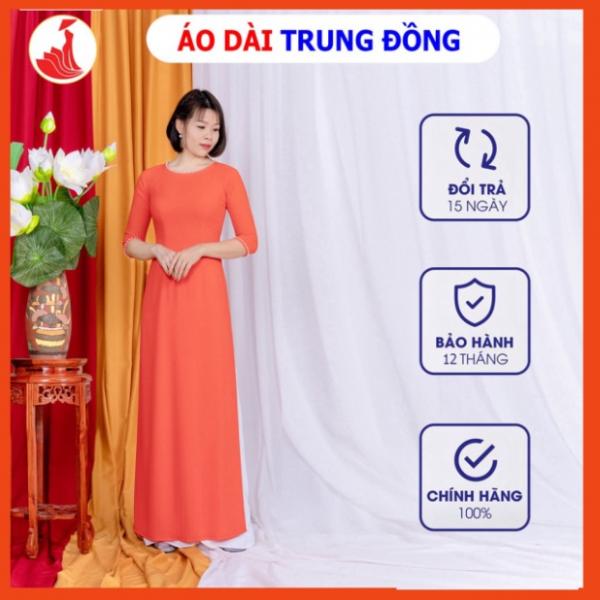 Áo dài trơn cổ tròn tay lỡ 4 tà chất liệu vải chiffon màu da cam đinh kết hạt ngọc trại ở cổ và tay| Áo dài Trung Đồng
