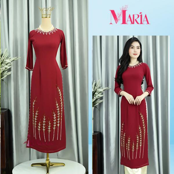 ÁO DÀI TRUNG NIÊN CHO MẸ HỌA TIẾT BÔNG LÚA SANG TRỌNG MÀU ĐỎ ĐẬM - ÁO DÀI MARIA