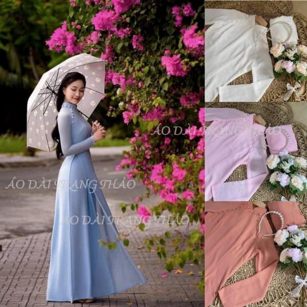 Áo Dài Truyền Thống Cách Điệu 2 Lớp 4 Tà Vải Lụa Chiffon Đính Cúc Bọc Hàng May Sẵn