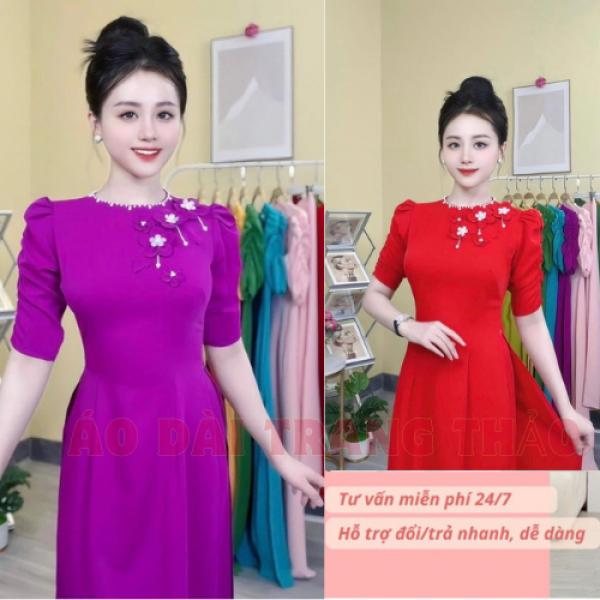Áo Dài Truyền Thống (GIÁ TẠI XƯỞNG) Cổ Tròn Kết Trai Đính 5 Hoa Lụa Mỹ Cao Cấp Mềm Mịn Co Giãn Tay Bồng Chun Áo Dài Đẹp