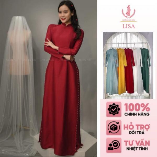 Áo Dài Truyền Thống Lụa Vân Gỗ Dài Tay Đính Trai Cổ Và Tà Tay Dài - Hàng May Sẵn Nhiều Màu