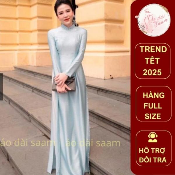 Áo dài truyền thống lụa vân gỗ màu xanh mint đính kết ngọc 2 tà tay dài thướt tha mềm mại saam 2023