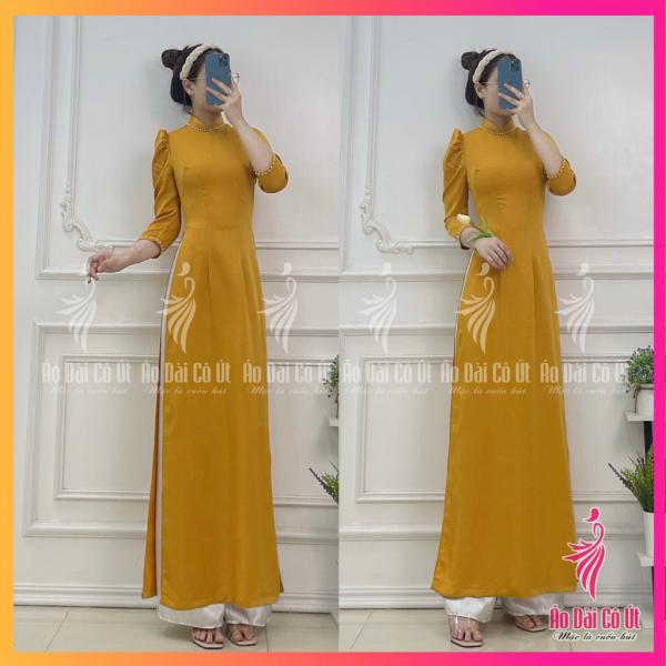 Áo Dài Truyền Thống Nữ Vải Lụa Tây Thi Trơn Màu Vàng Tay Bồng Đính Ngọc Hàng May Sẵn