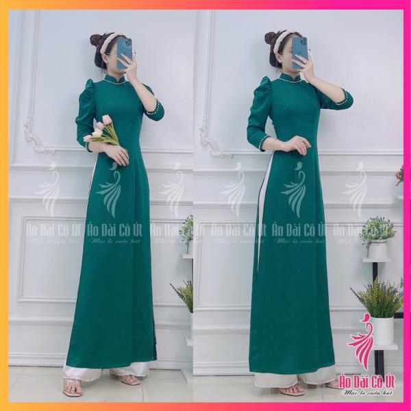 Áo Dài Truyền Thống Nữ Vải Lụa Tây Thi Trơn Màu Xanh Rêu Tay Bồng Cổ Truyền Thống Đính Ngọc