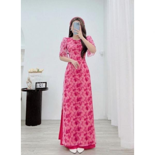Áo dài truyền thống TAY BỒNG cánh tiên cổ tròn VOAN TƠ HOẠ TIẾT 4tà trẻ trung thanh lịch chụp hình dự lễ cưới tết đẹp