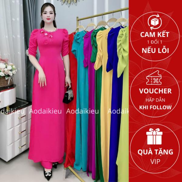 Áo Dài Truyền Thống Vải Lụa Mỹ, Cổ Tròn Đính Hạt Cổ,Tay Trẻ Trung, Thủ Công A48 Áo Dài Cách Tân Kiều