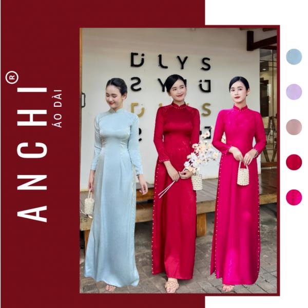 Áo Dài Truyền Thống vải lụa vân gỗ CAO CẤP đính ngọc, cổ cao 2.5p tay dài - Áo Dài ANCHI