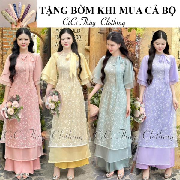 Áo dài Tú Linh cổ tròn có nơ tơ hoa 4 tà mềm nhẹ bay mát chất liệu tơ tay 2 lớp bồng cực mịn mát
