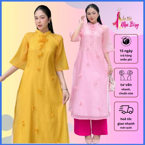 Áo dài voan tơ cổ trụ dáng suông gắn hoa 3D cho phái nữ AD043 - Áo dài nhà bống