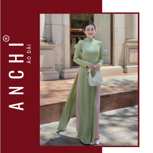 Áo Dài Xanh Bơ Dáng Truyền Thống, Chất Vải Lụa Ngọc Trai Trơn, Cổ Đính Hạt Sang Trọng - Áo Dài ANCHI