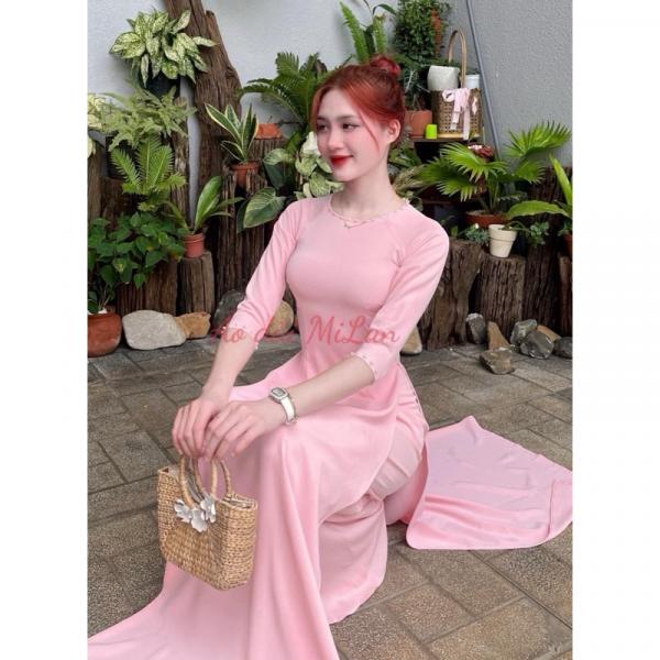 BỘ ÁO DÀI LỤA MỸ Cao Cấp CỔ KIỀNG THƯỜNG MÀU HỒNG PHẤN KÈM QUẦN LỤA SANG TRỌNG