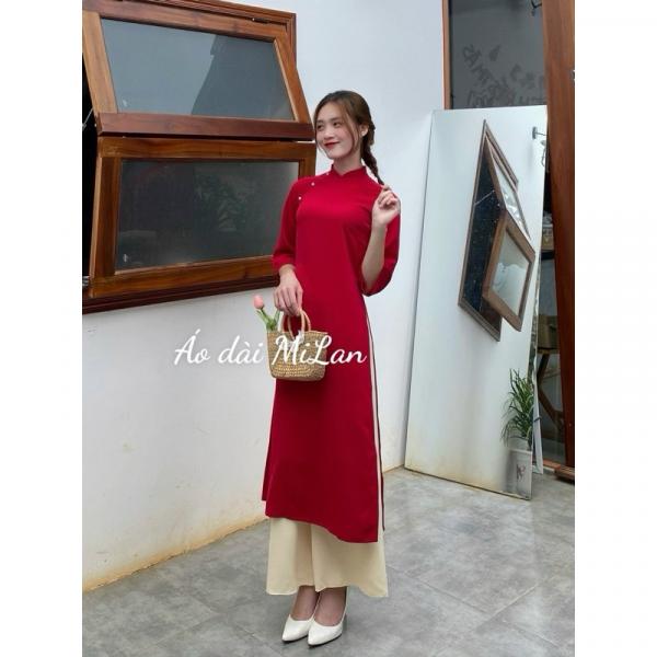 Bộ Áo dài lửng qua gối dáng suông cổ 2 cm  kết hột Ngọc tay lỡ kèm quần