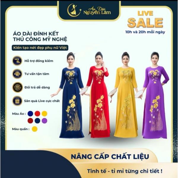 Diễm Sa - Áo Dài Lụa Mỹ Kết Hoa Thêu Nổi 3D, Đính Đá Cao Cấp - Áo Dài Cho Mẹ 6 Màu Chất Vải Cao Cấp