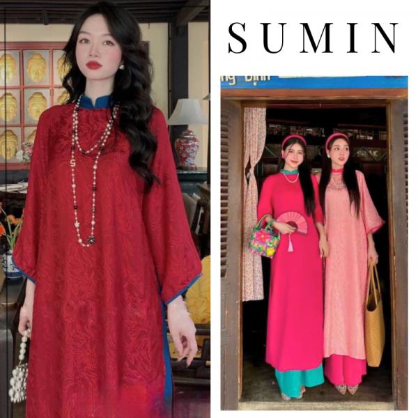 [GAM_PHOICO] Set áo dài gấm suông phối màu siêu xinh may sẵn_Áo Dài SUMIN