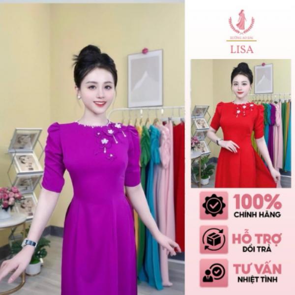 [GIÁ TẠI XƯỞNG] Áo Dài Truyền Thống Cổ Tròn Đính Trai Kết Hoa Chất Lụa Mỹ Cao Cấp Mềm Mịn Co Giãn Tay Bồng Chun