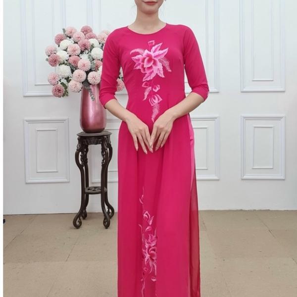 T266 áo dài chiffon tròn lỡ nền hồng  thêu hoa hồng neon (KHÔNG GỒM QUẦN)